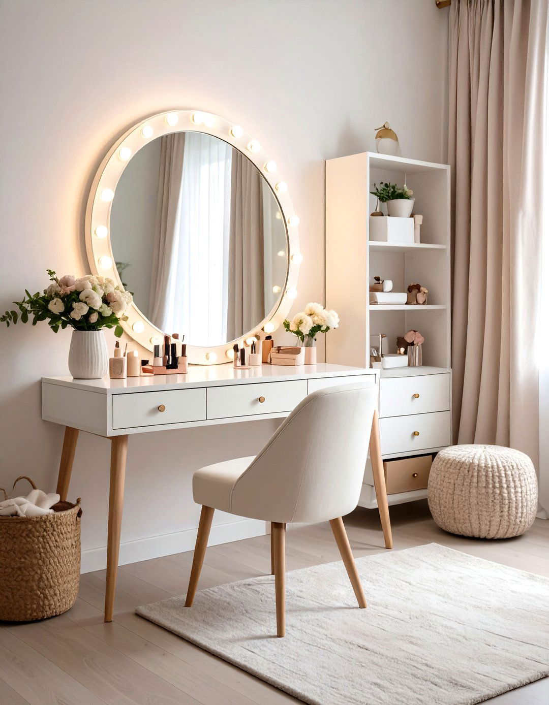 Vanity Area Bedroom with Beauty Station - 24 Feminine Black and White Bedroom Ideas