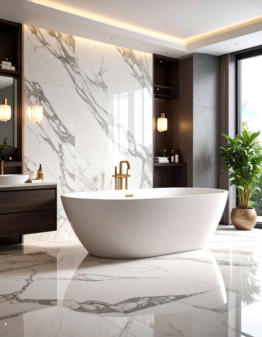 Veined Marble Statement Bathtub Surround - 24 Marble Bathroom Ideas