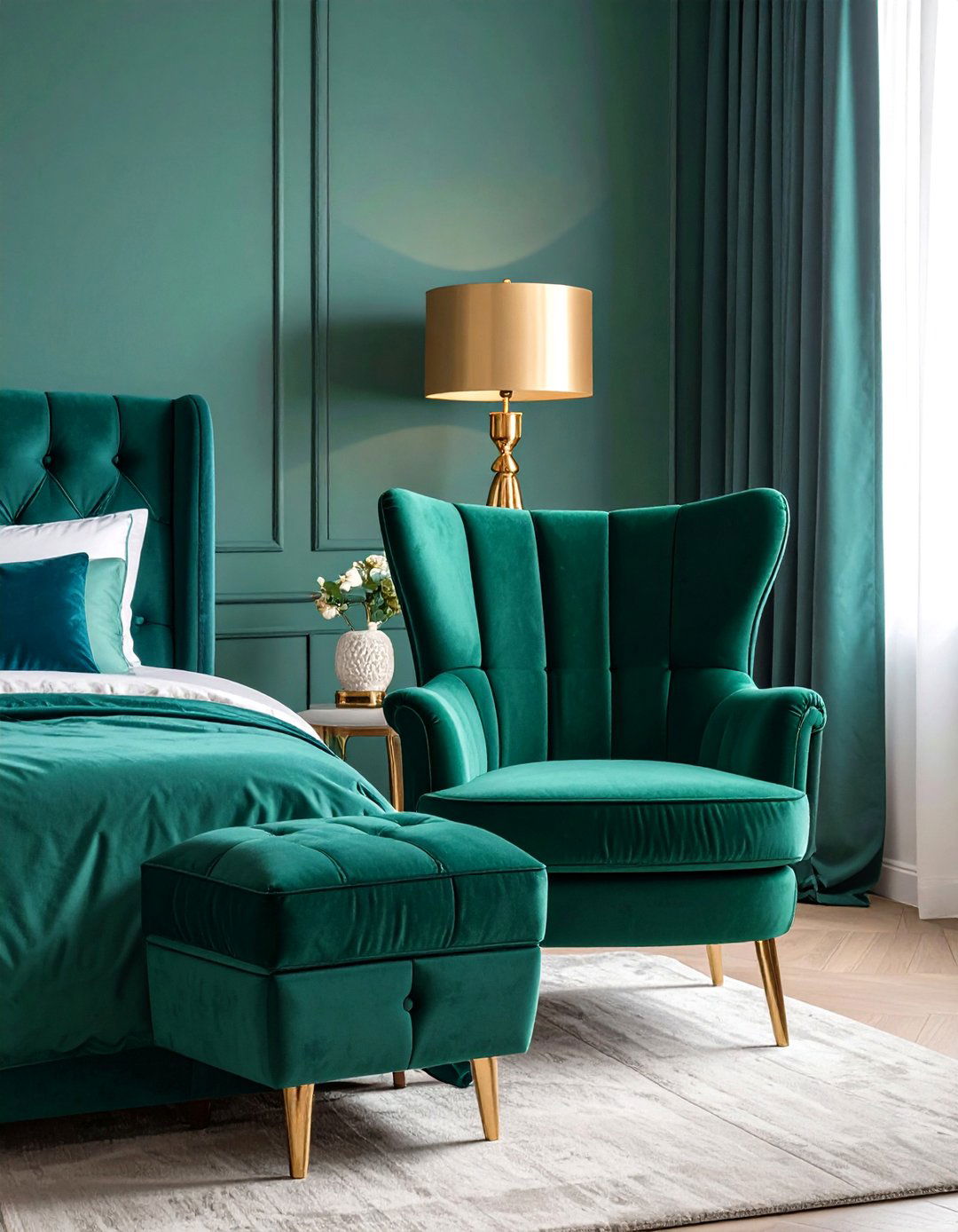 Velvet Accent Chair with Ottoman Corner - 24 Bedroom Seating Area Ideas
