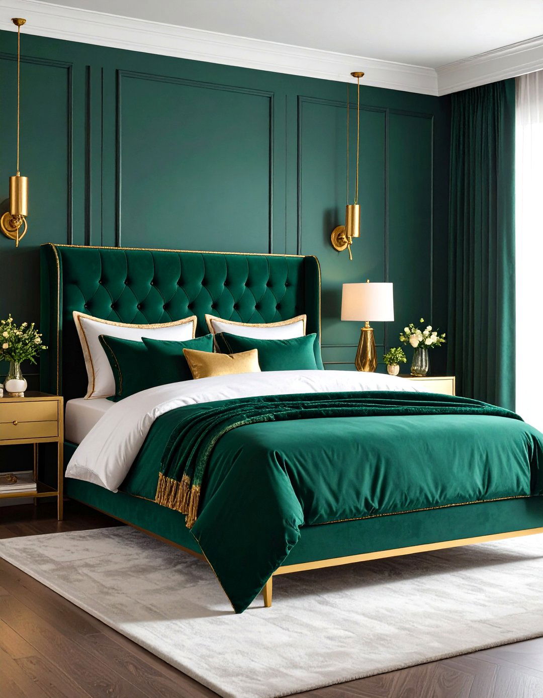 Velvet Emerald Green Bedding with Gold Trim - 24 Emerald Green and Gold Bedroom Ideas