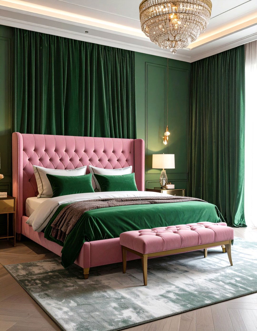 Velvet Green Curtains with Pink Upholstered Bed - 24 Pink and Green Bedroom Ideas