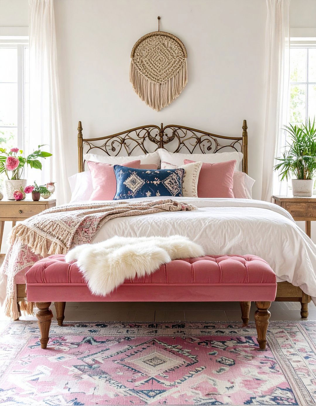 Velvet Pink Bench with Layered Textiles - 24 Pink Boho Bedroom Ideas