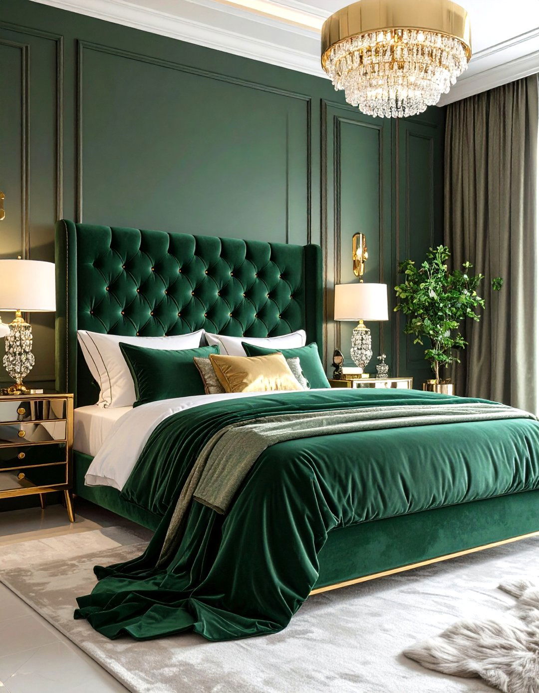 Velvet Tufted Headboard with Gold Accents - 24 Glam Bedroom Ideas