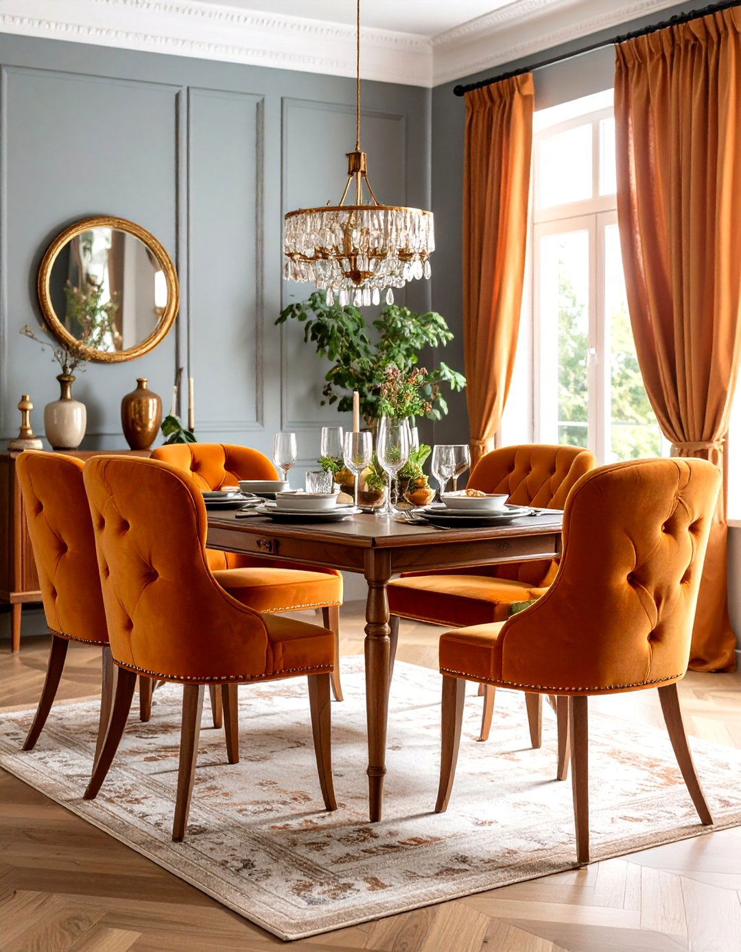 Velvet Upholstered Dining Chairs in Earth Tones - 24 70s Dining Room Design Ideas