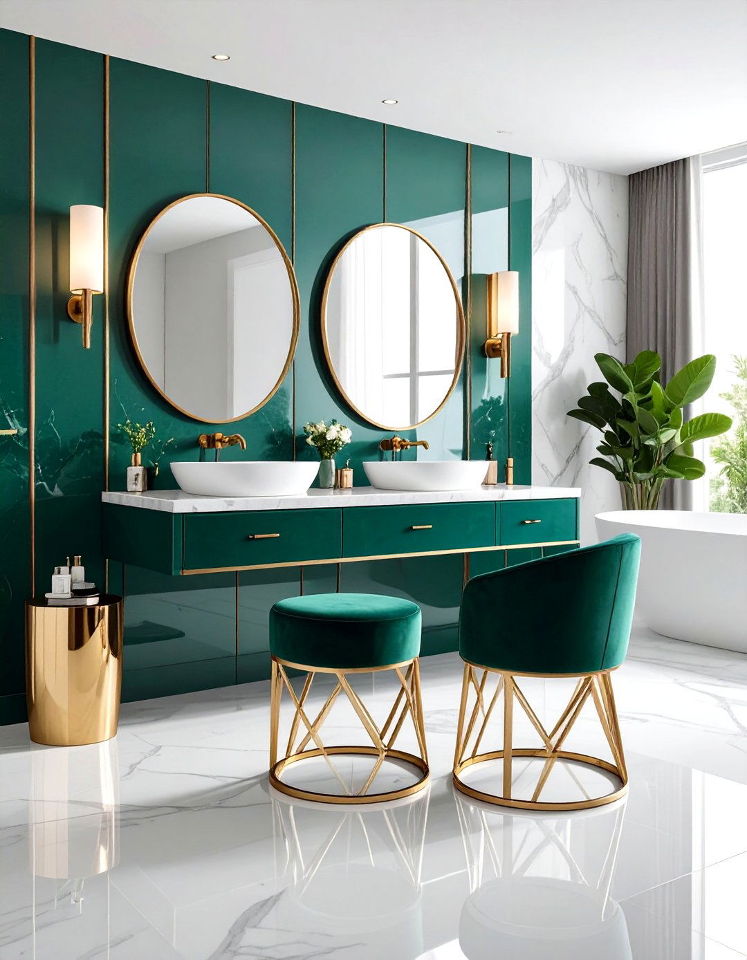 Velvet Upholstered Vanity Seating - 24 Art Deco Bathroom Ideas