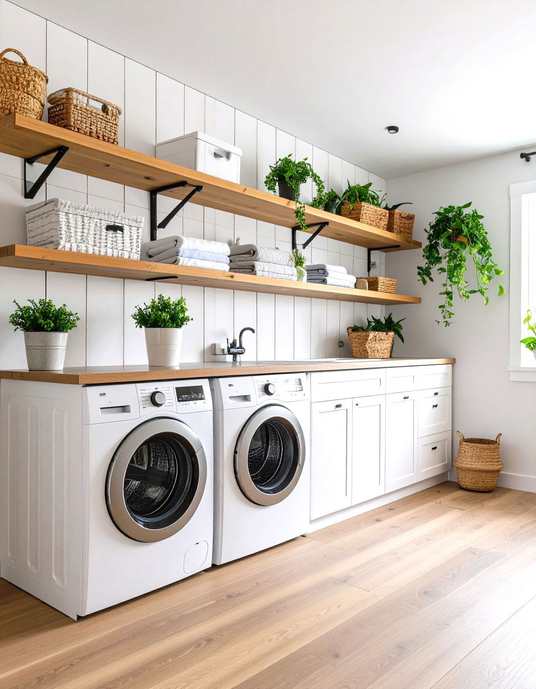 Vertical White Shiplap with Floating Shelves - 24 Shiplap Laundry Room Ideas
