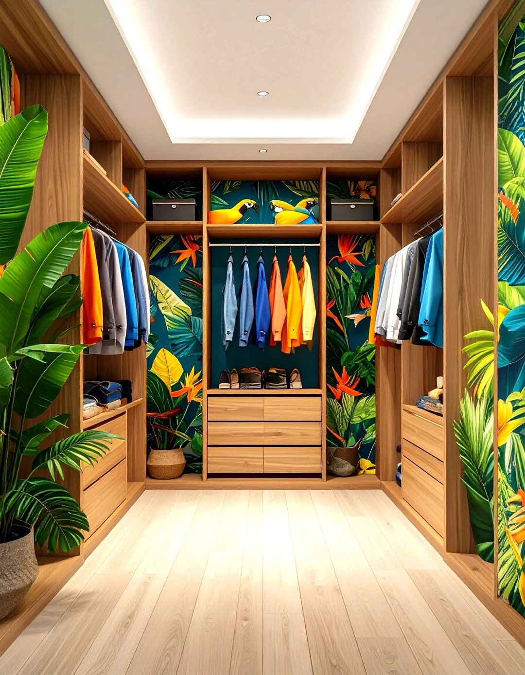 Vibrant Tropical Bird Closet with Exotic Colors - 24 Closet Wallpaper Ideas