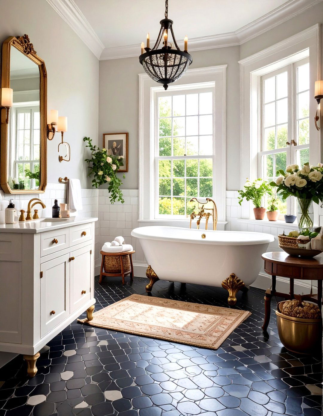 Victorian Black Penny Tile Floor with White Subway Walls - 24 Black Floor Bathroom With White Walls Ideas