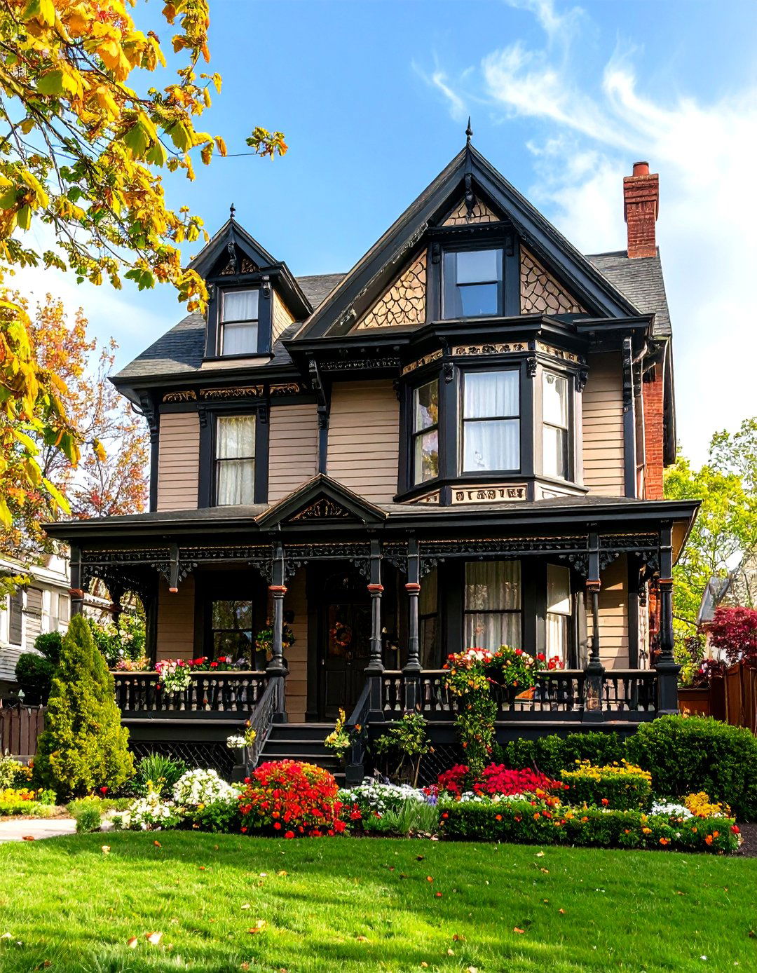 Victorian Brown Gingerbread Details - 24 Dark Brown House With Black Trim