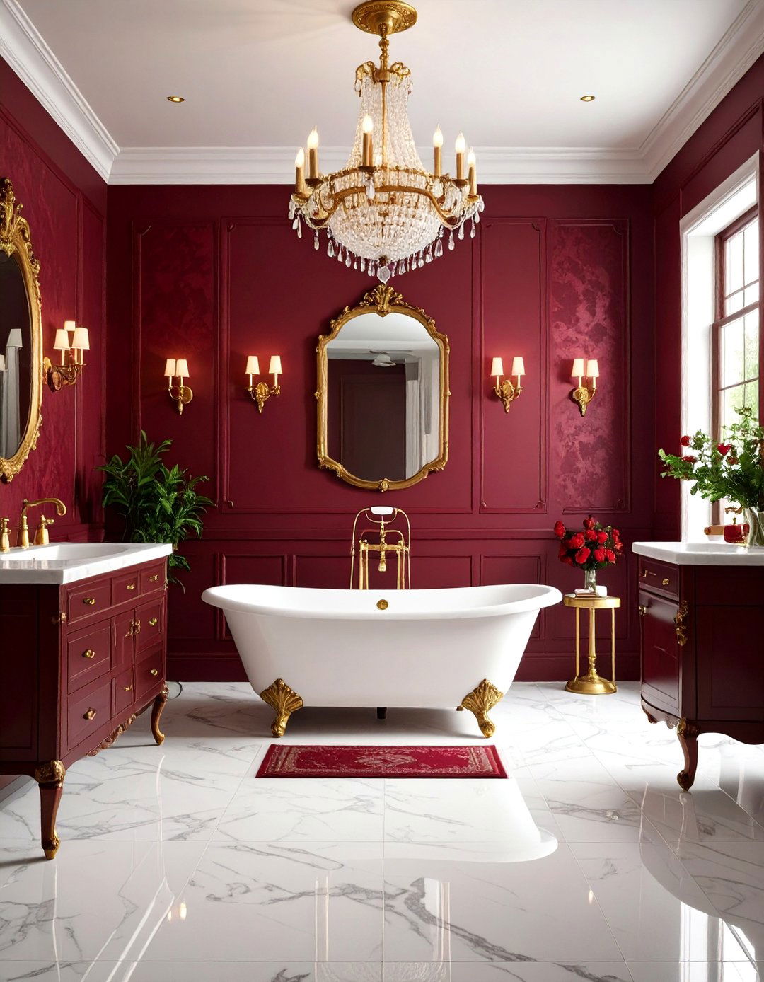 Victorian Burgundy Bathroom with Marble Details - 24 Burgundy Bathroom Ideas