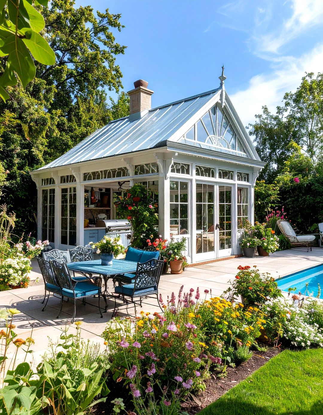 Victorian Conservatory Pool House with Garden Kitchen - 24 Pool House With Outdoor Kitchen Ideas
