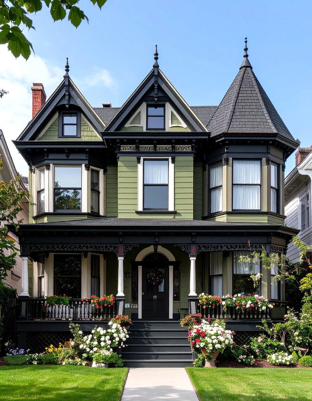 Victorian Dark Olive with Black Decorative Trim Elements - 24 Dark Olive Green House With Black Trim