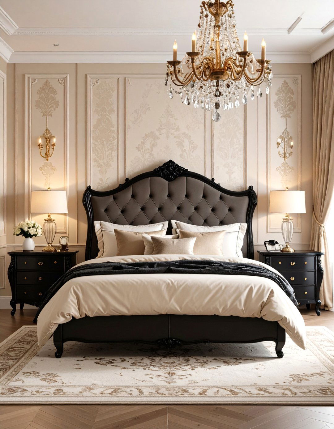 Victorian Elegance with Modern Black and Beige Touches - 24 Black and Beige Bedroom Design Ideas