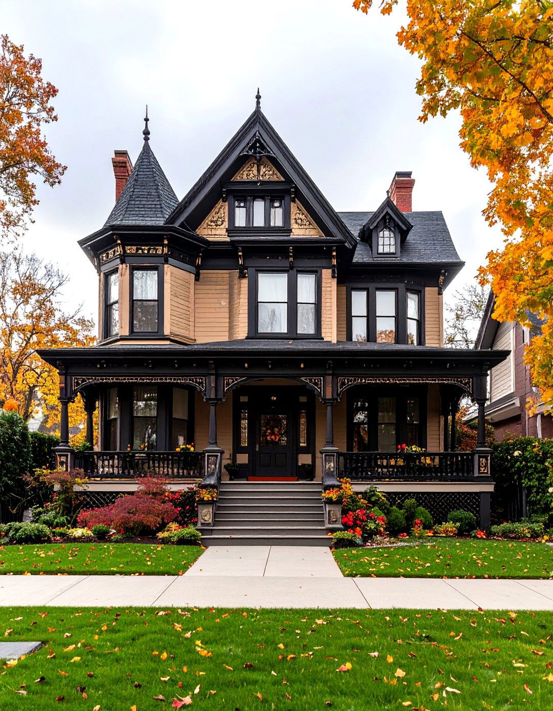 Victorian Gingerbread Black Trim Details - 24 Tan House With Black Trim Design Ideas