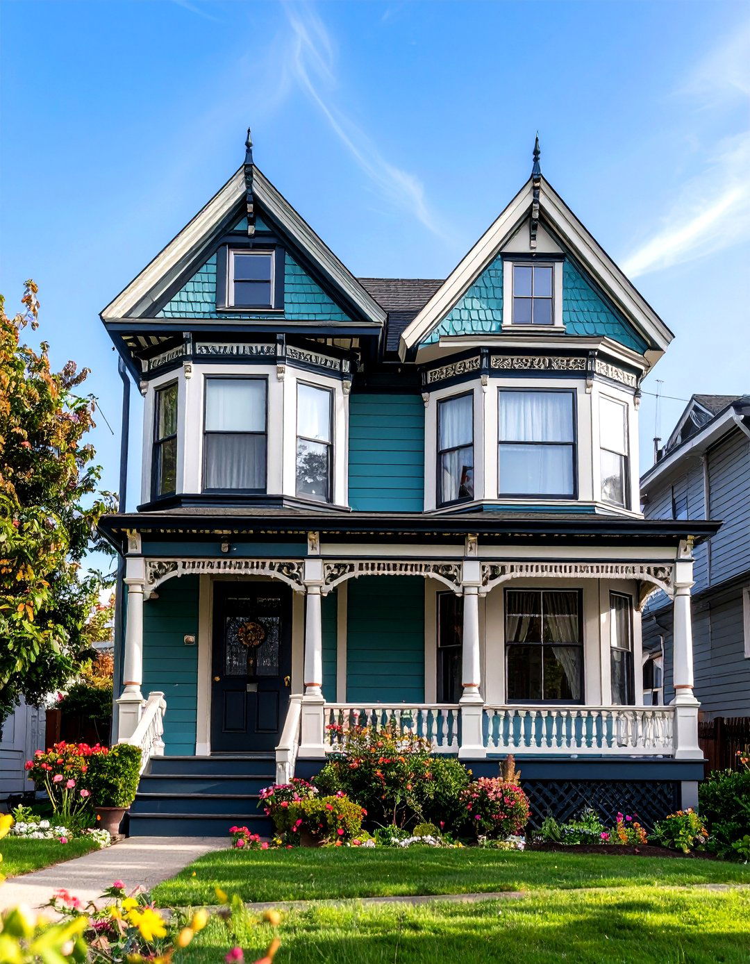 Victorian Sage Green House With Black Architectural Trim - 24 Sage Green House With Black Trim Ideas