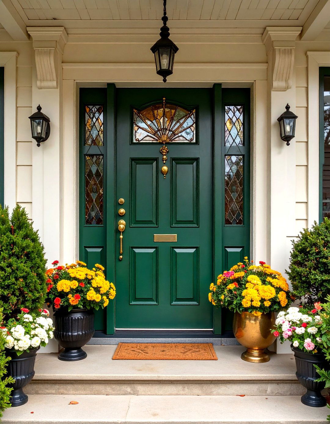 Victorian Style Olive Green Front Door with Stained Glass - 24 Olive Green Front Door Ideas