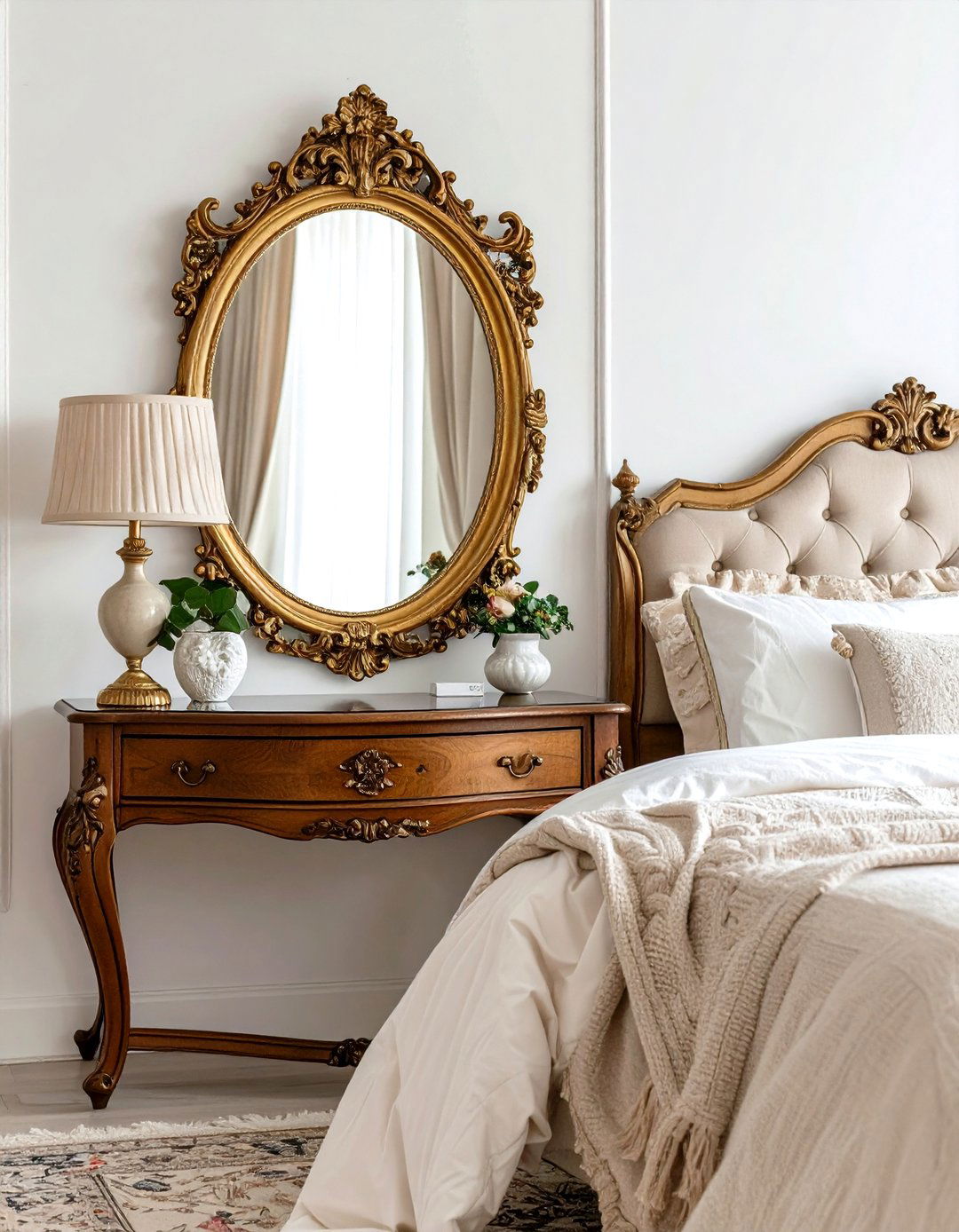 Vintage Antique Mirror with Ornate Details - 24 Mirror Behind Nightstand Design Ideas