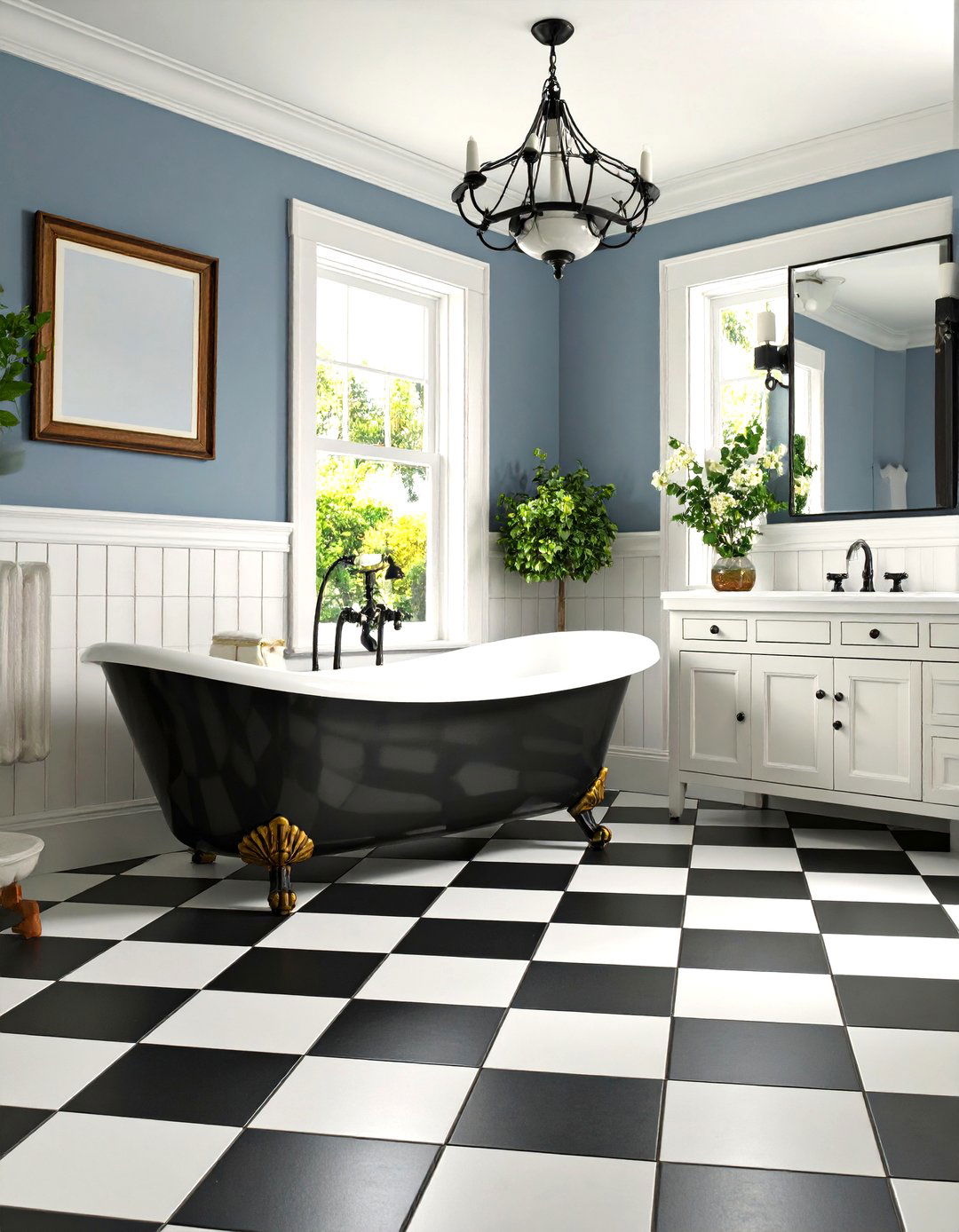 Vintage Black and White Checkered Floor with White Wainscoting - 24 Black Floor Bathroom With White Walls Ideas