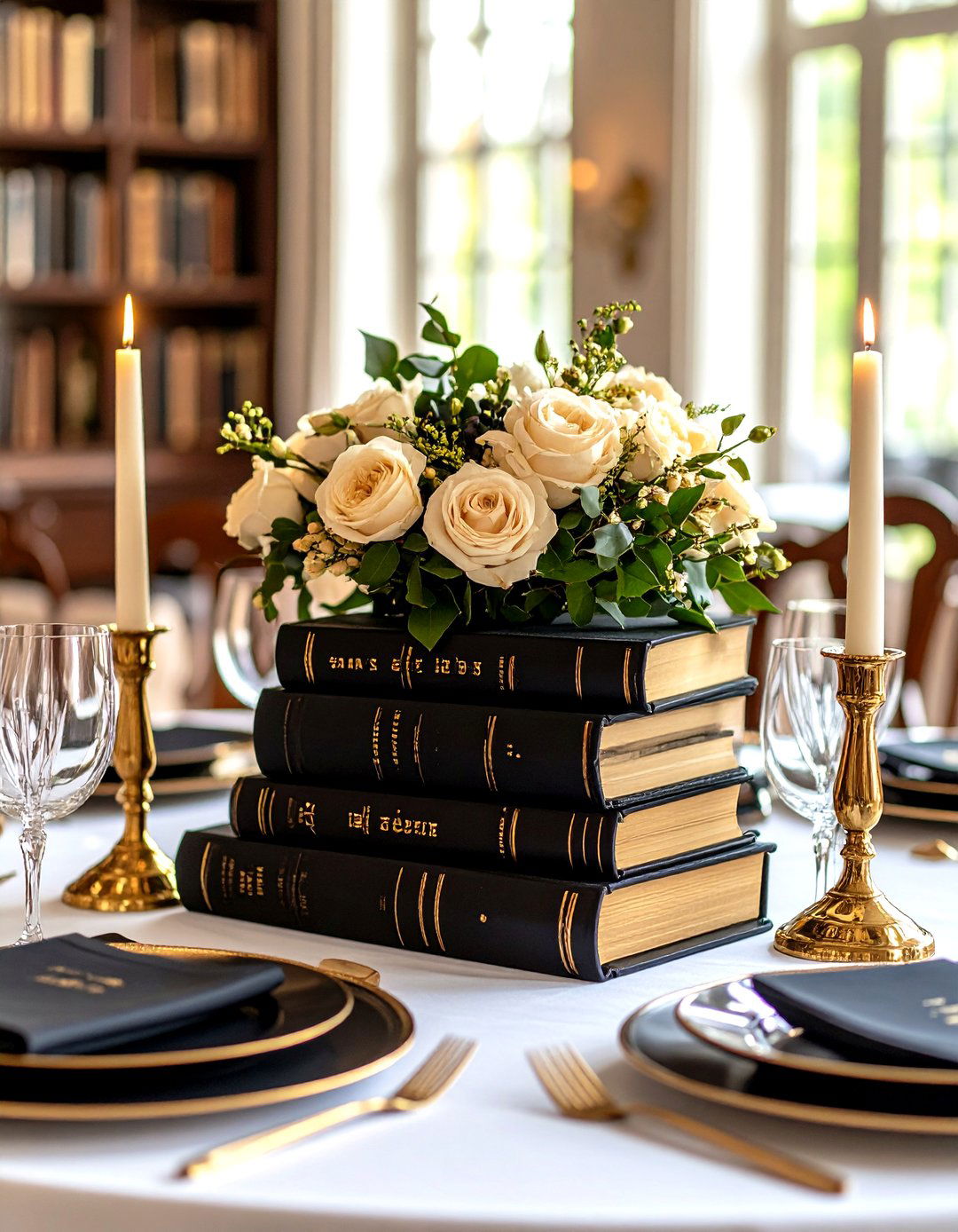 Vintage Book and Literary Theme Displays - 24 Black and Gold Centerpiece Ideas