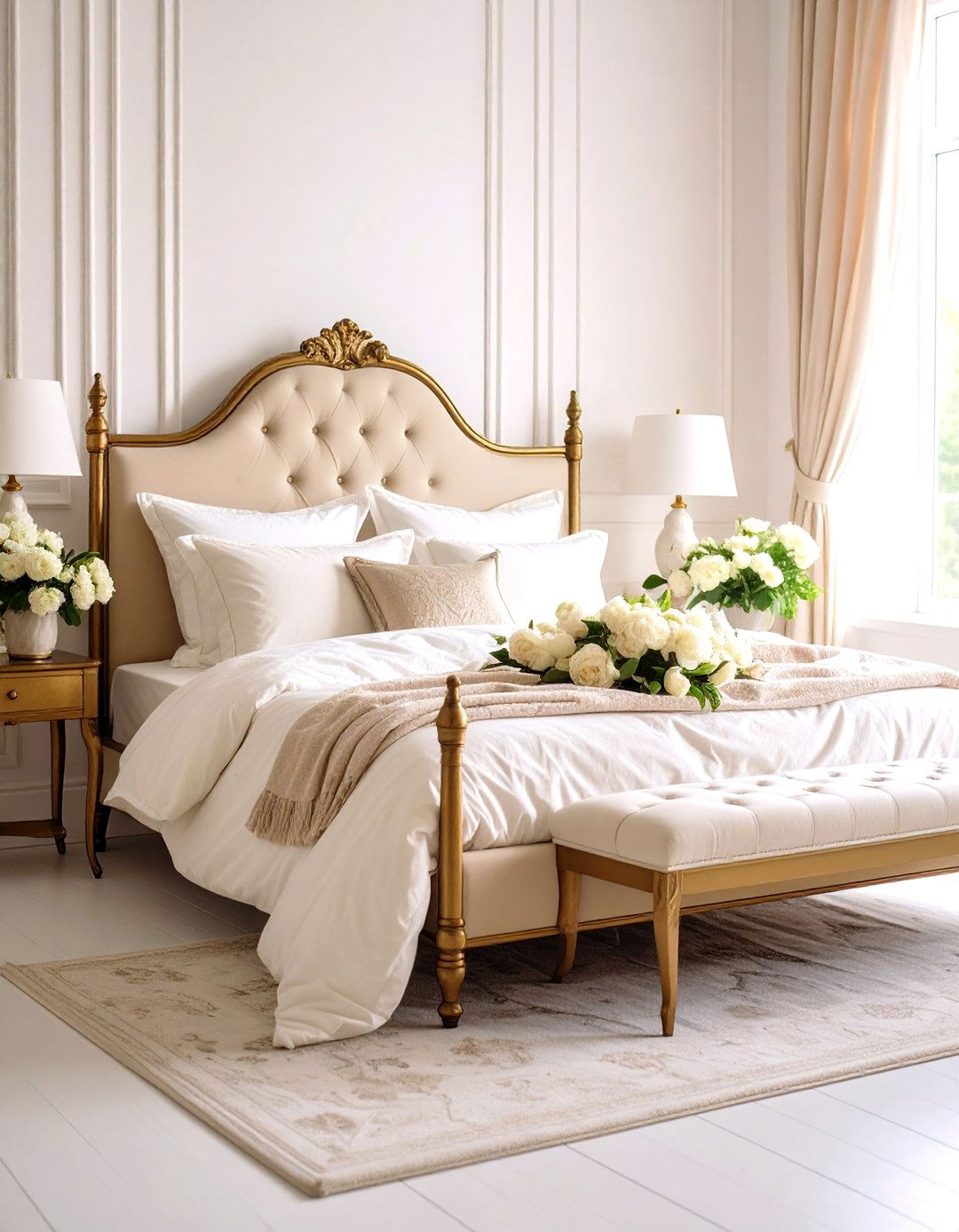 Vintage Brass Bed with Cream Linen Bedding - 24 White and Cream Bedroom Ideas