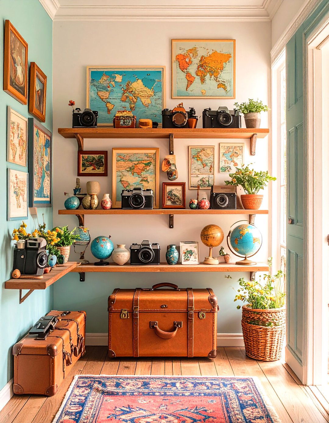 Vintage Camera and Travel Display - 24 Boho Hallway Ideas