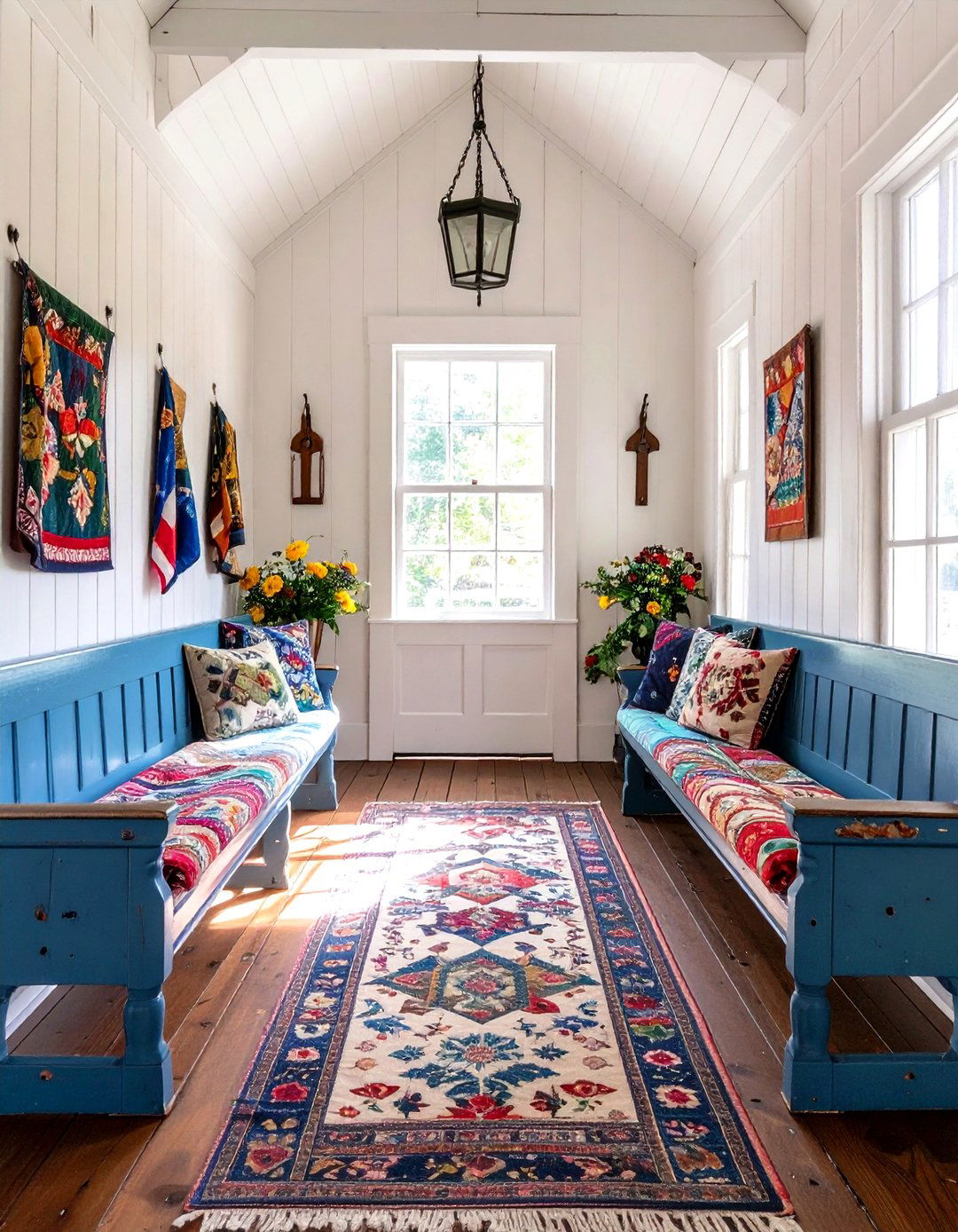 Vintage Church Pew Seating - 24 Farmhouse Entryway Ideas