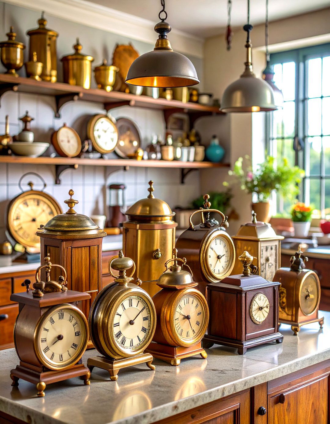 Vintage Clock and Timepiece Display - 24 Kitchen Island Centerpiece Ideas