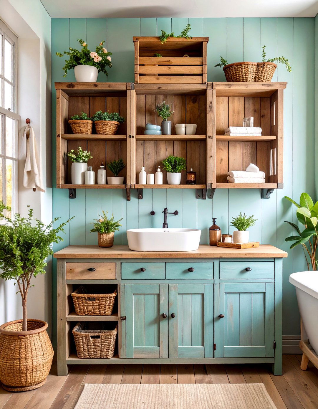 Vintage Crate Wall Storage - 24 Bathroom Shelf Ideas