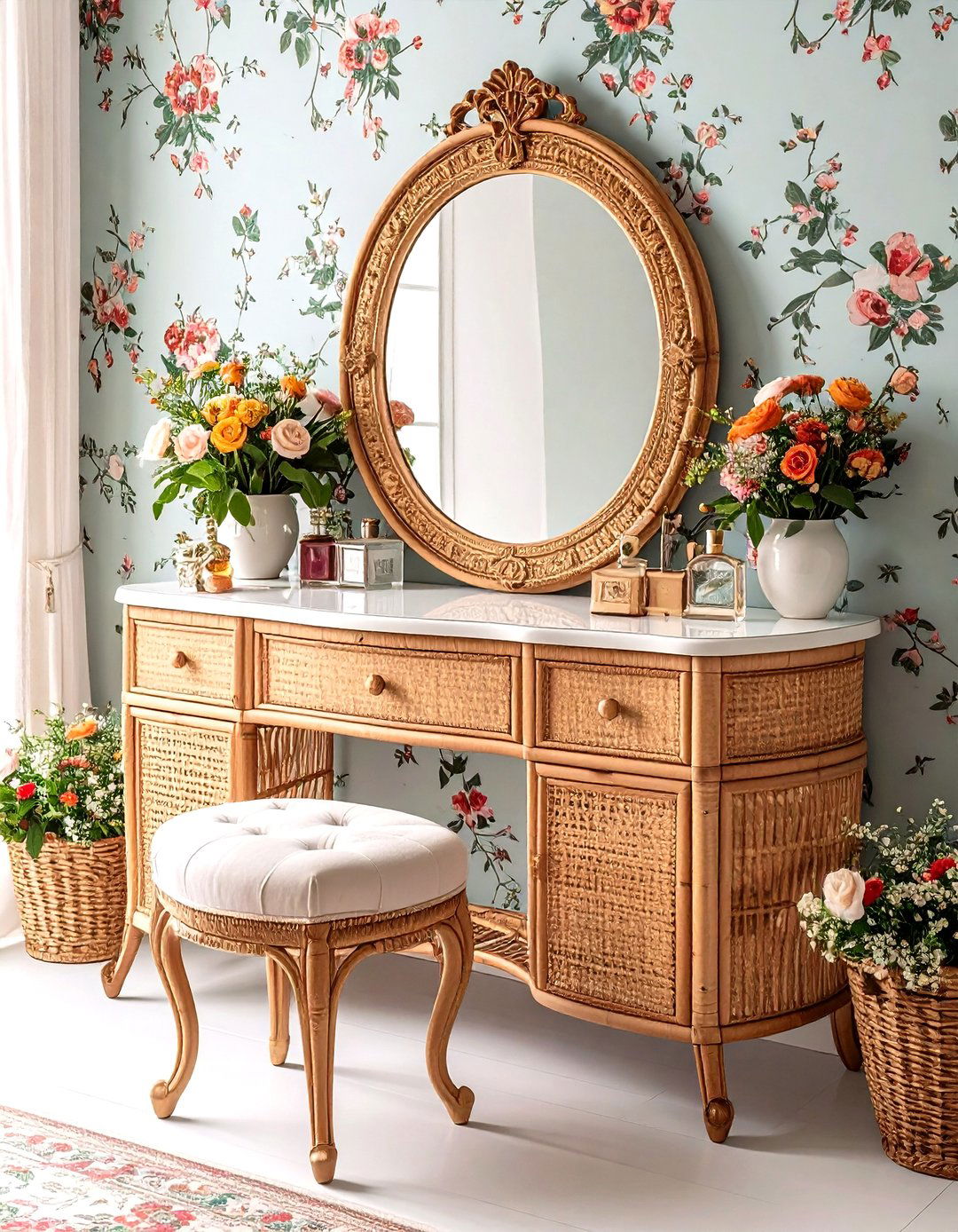 Vintage Eclectic Rattan Vanity Set - 24 rattan bedroom furniture ideas