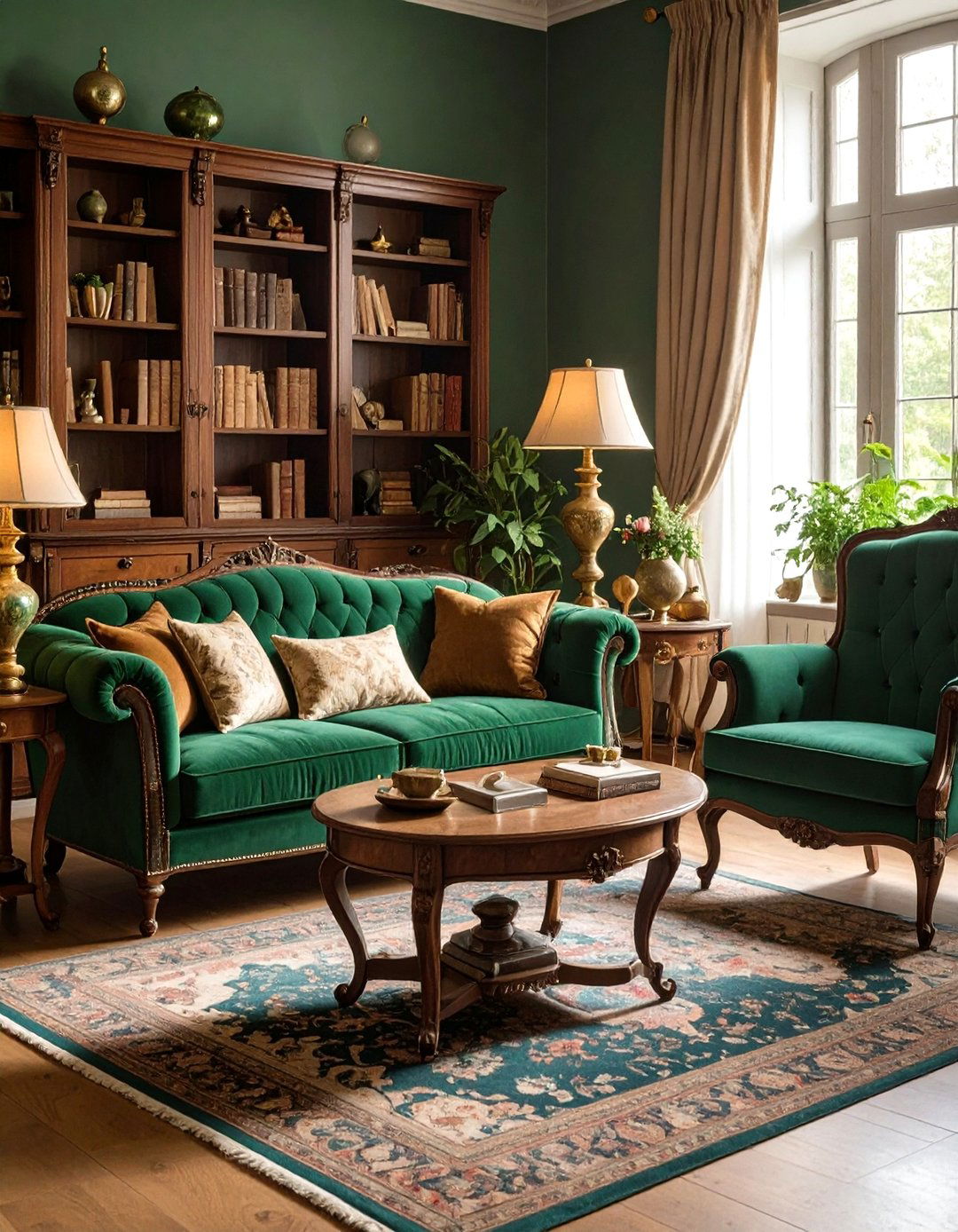 Vintage Emerald Green Sofa with Antique Accents - 24 Emerald Green Sofa Living Room Ideas