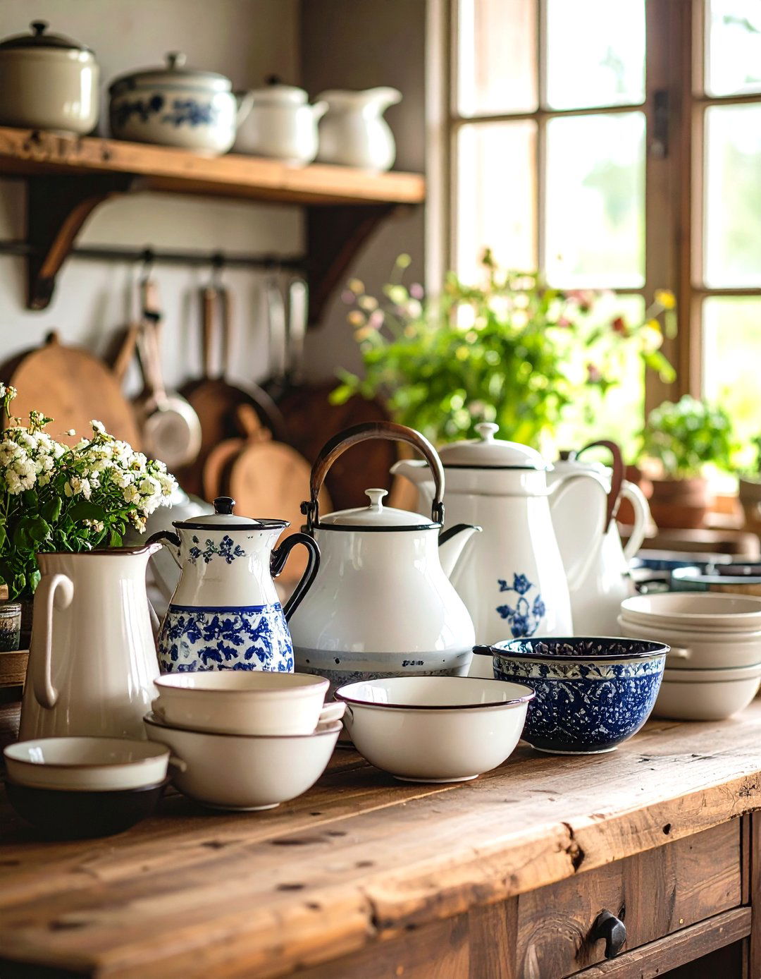 Vintage Enamelware Collection Displays - 24 Primitive Kitchen Ideas