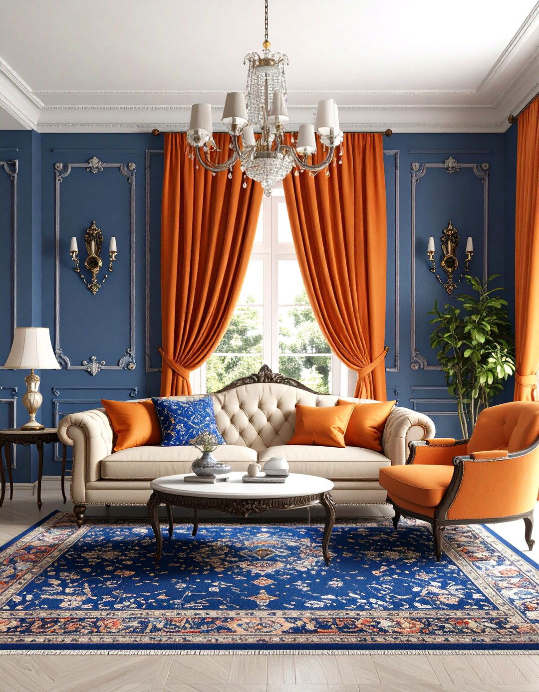 Vintage English Orange and Prussian Blue Manor - 24 orange and blue living room ideas