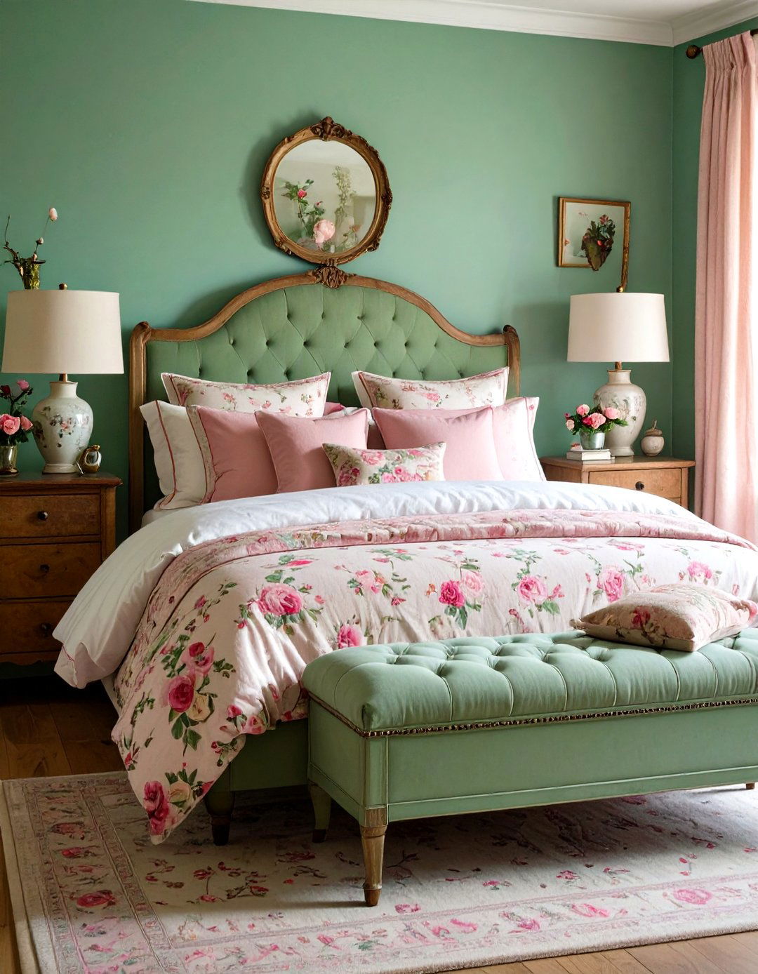 Vintage Floral Pink Bedding with Sage Green Furniture - 24 Pink and Green Bedroom Ideas