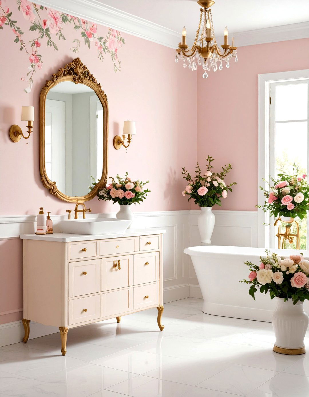 Vintage Floral Powder Room with Brass Fixture Details - 24 Powder Room Ideas