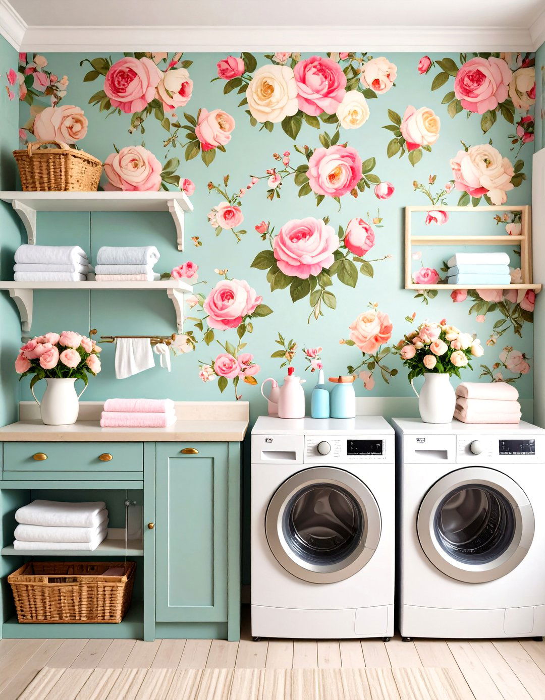 Vintage Floral Wallpaper Accent Wall - 24 Vintage Laundry Room Decor Ideas