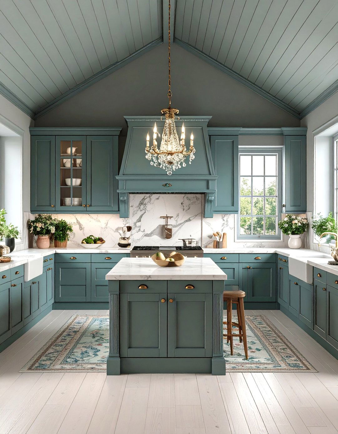 Vintage French Provincial Kitchen with Painted Wood Ceiling - 24 Sloped Ceiling Kitchen Ideas