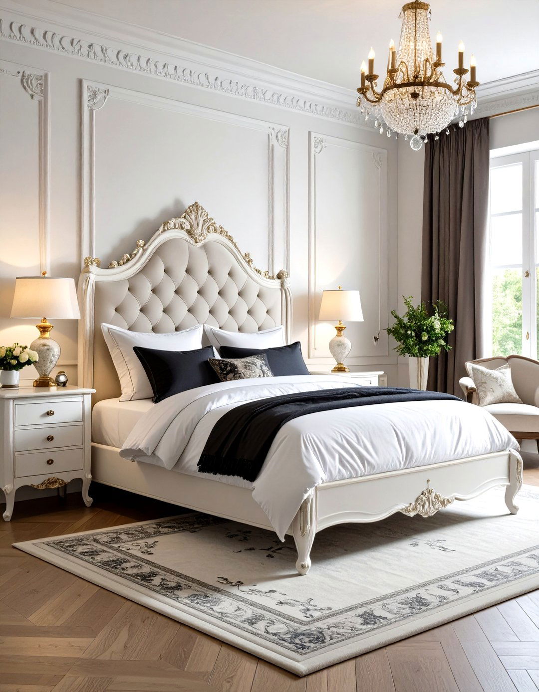 Vintage Inspired Bedroom with French Provincial Touches - 24 Feminine Black and White Bedroom Ideas