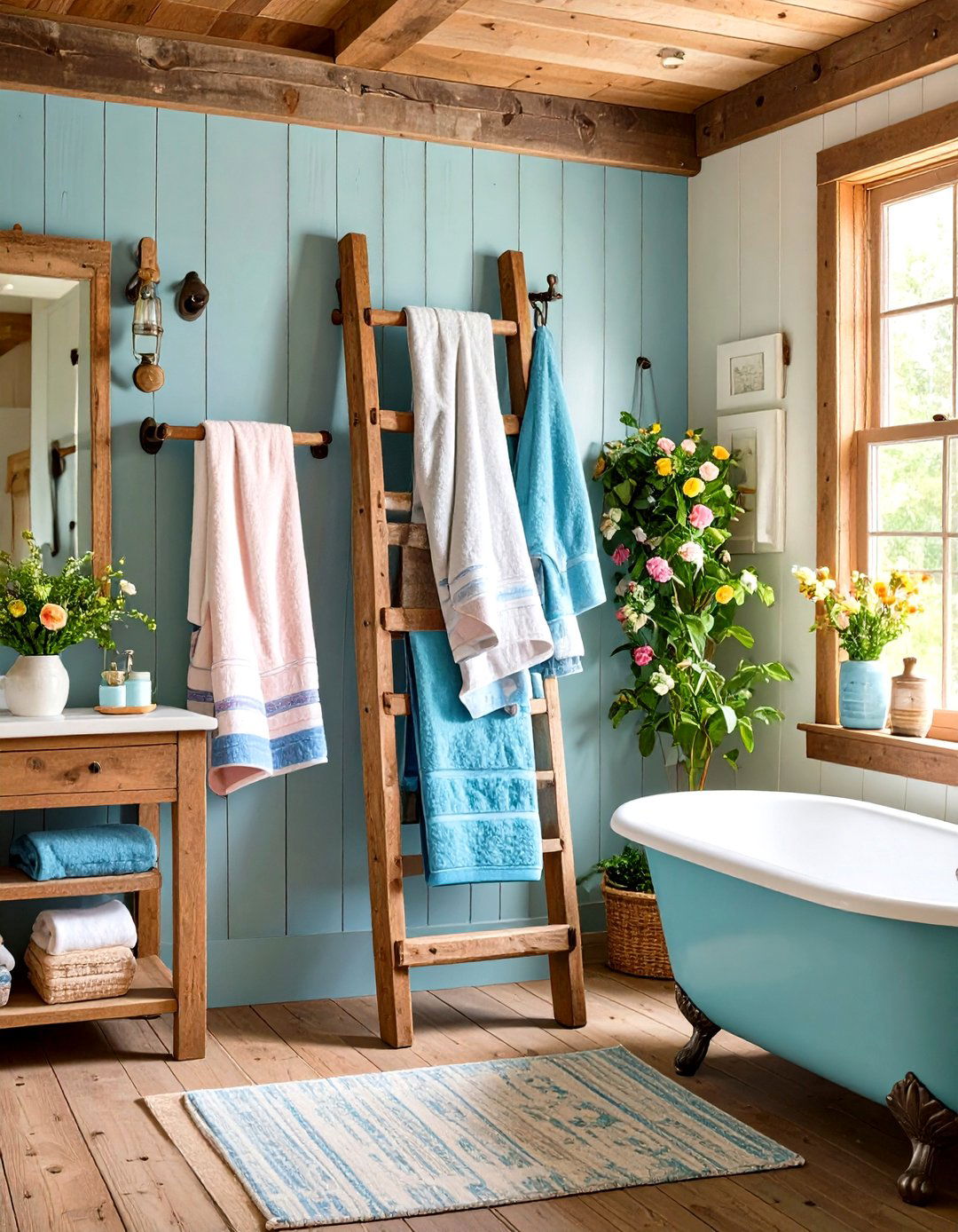 Vintage Ladder Towel Rack Modern Farmhouse Bathroom Storage - 24 Modern Farmhouse Bathroom Ideas