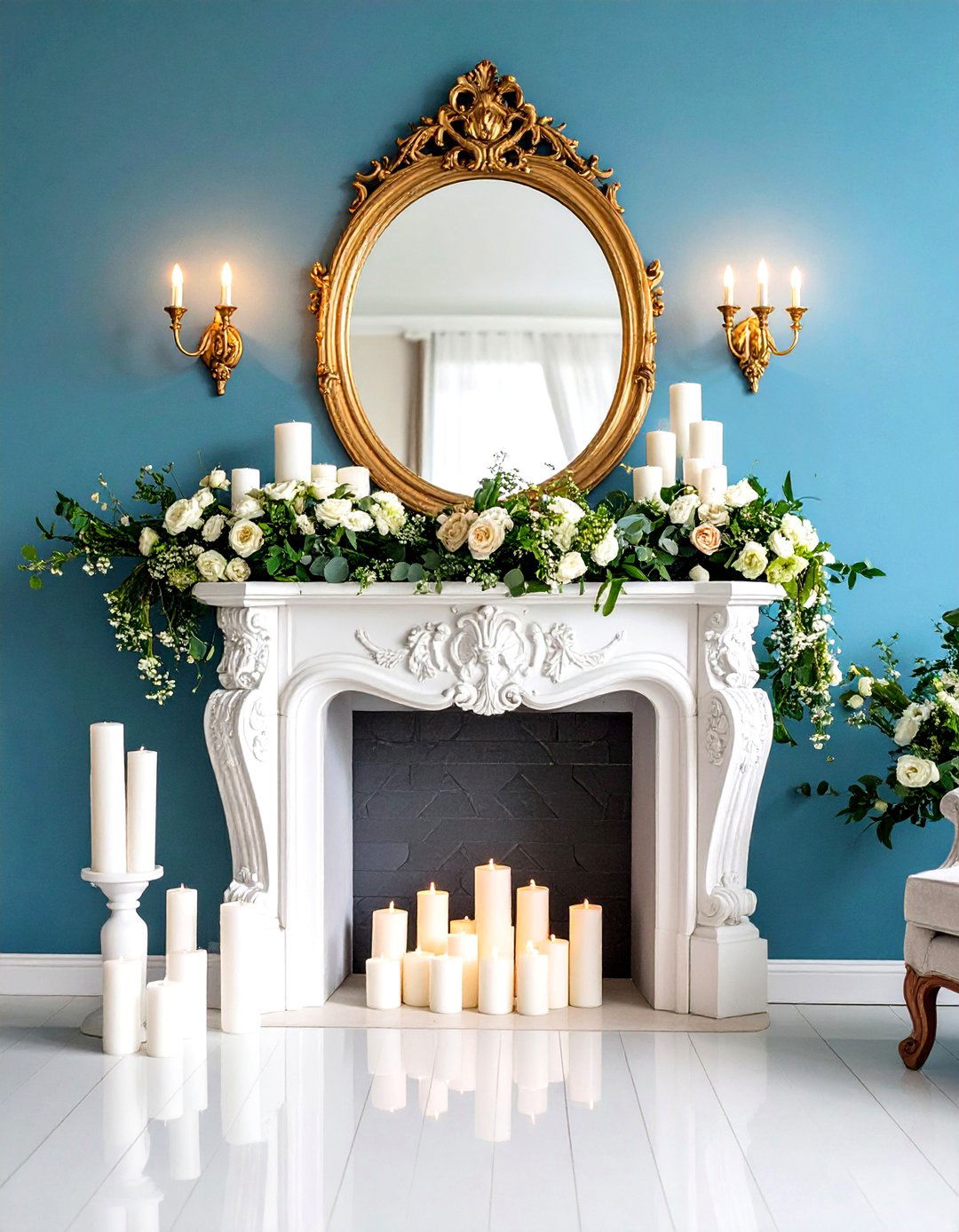 Vintage Mantel with Mirror Backdrop - 24 Faux Fireplace Ideas
