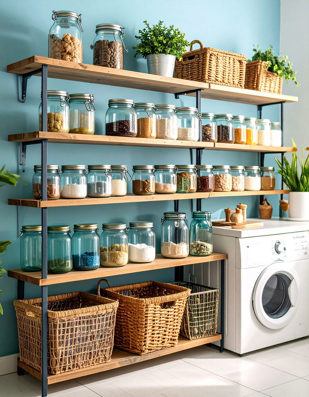 Vintage Mason Jar Storage System - 24 Vintage Laundry Room Decor Ideas