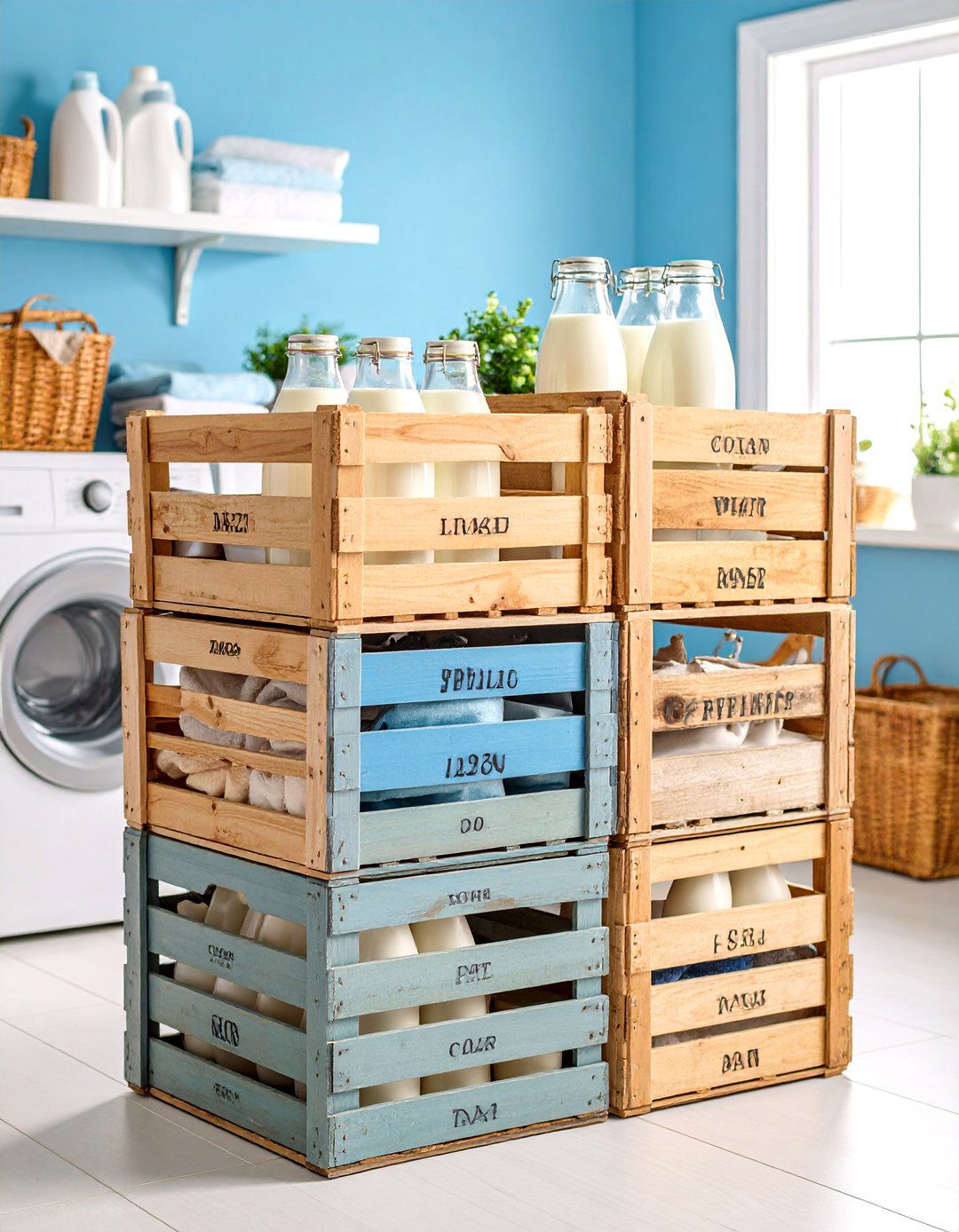 Vintage Milk Crate Storage Solution - 24 Vintage Laundry Room Decor Ideas