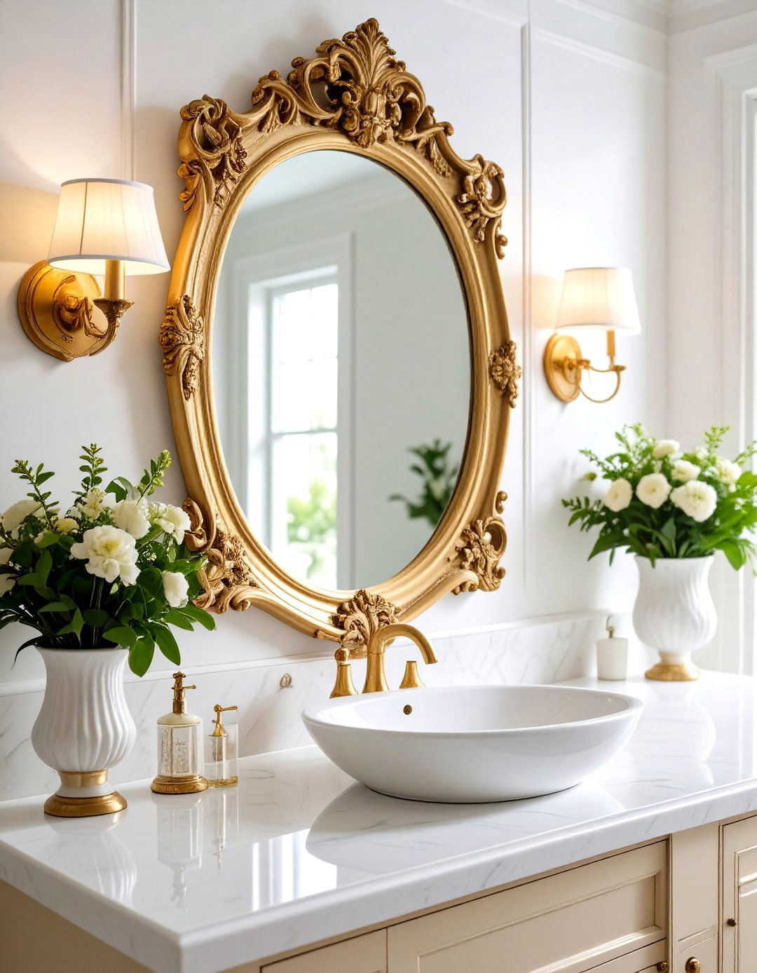 Vintage Ornate Gold Frame Mirror with Sconce Lighting - 24 Bathroom Mirror Ideas