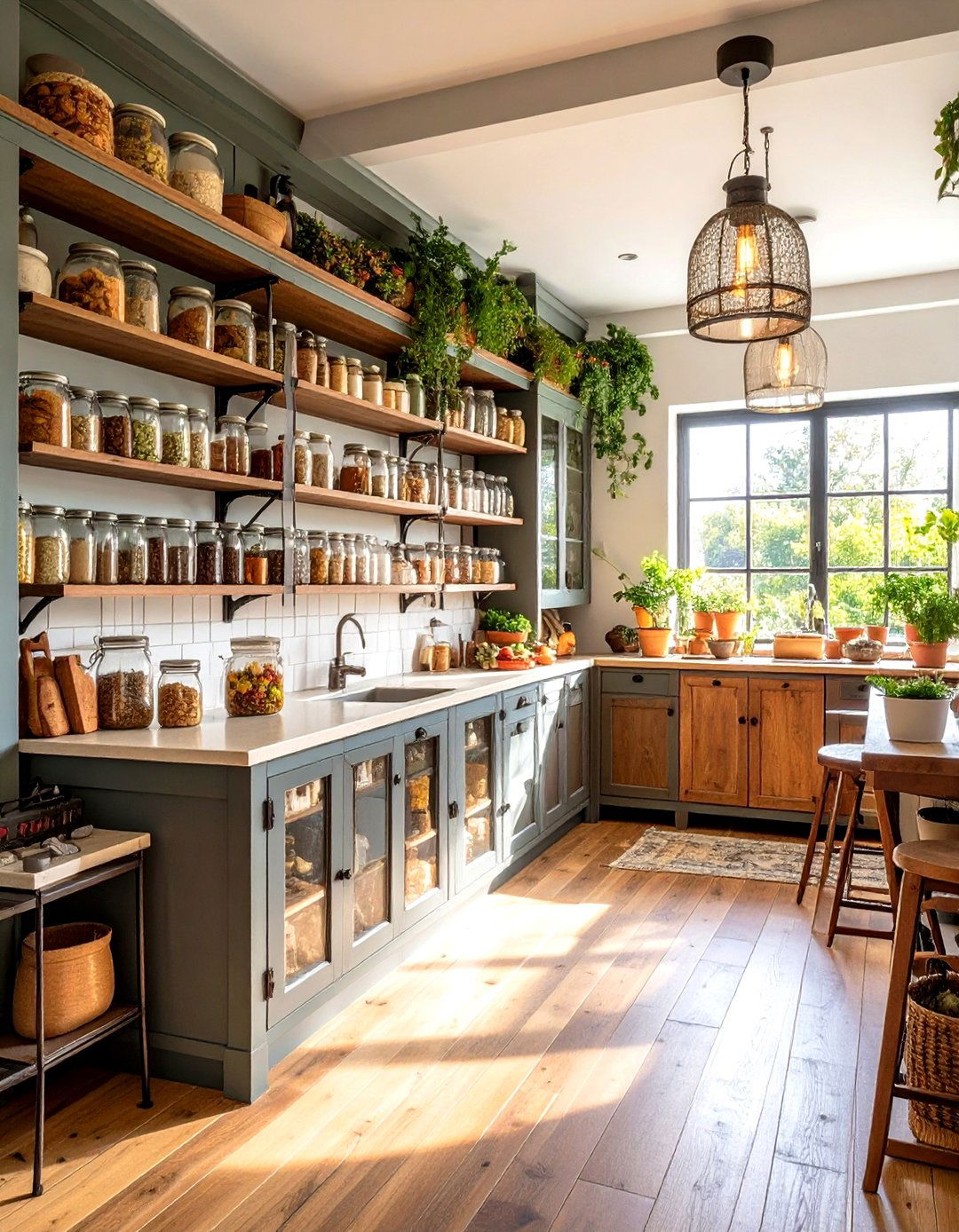 Vintage Pantry Kitchen with Glass Door Displays - 24 Shabby Chic Kitchen Ideas