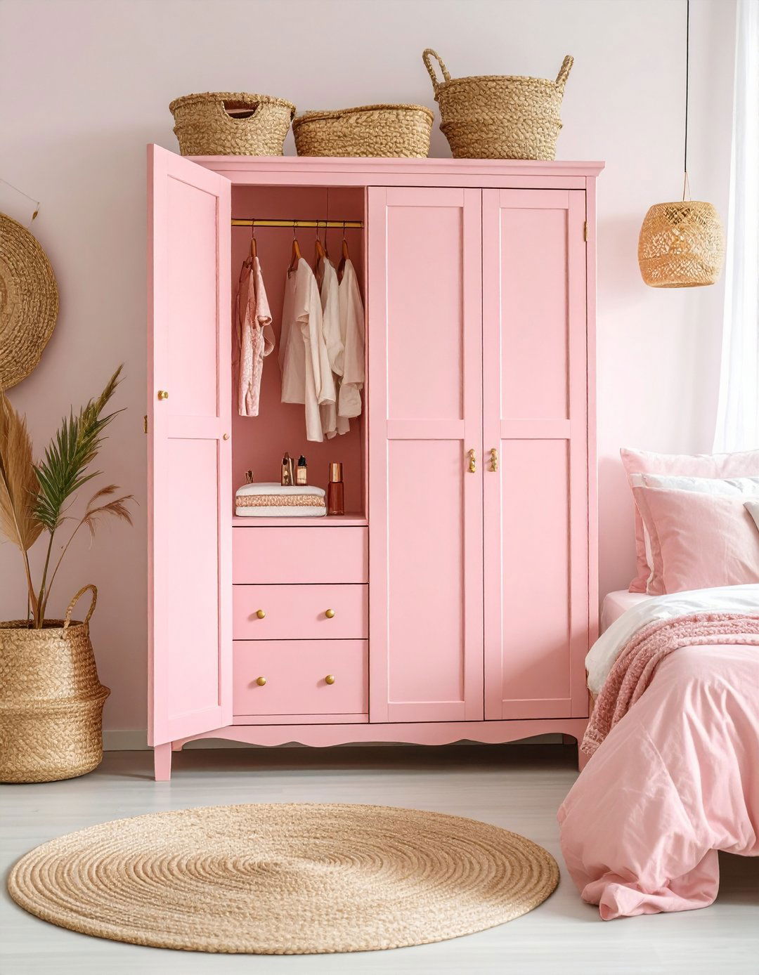 Vintage Pink Armoire Styling Station - 24 Pink Boho Bedroom Ideas