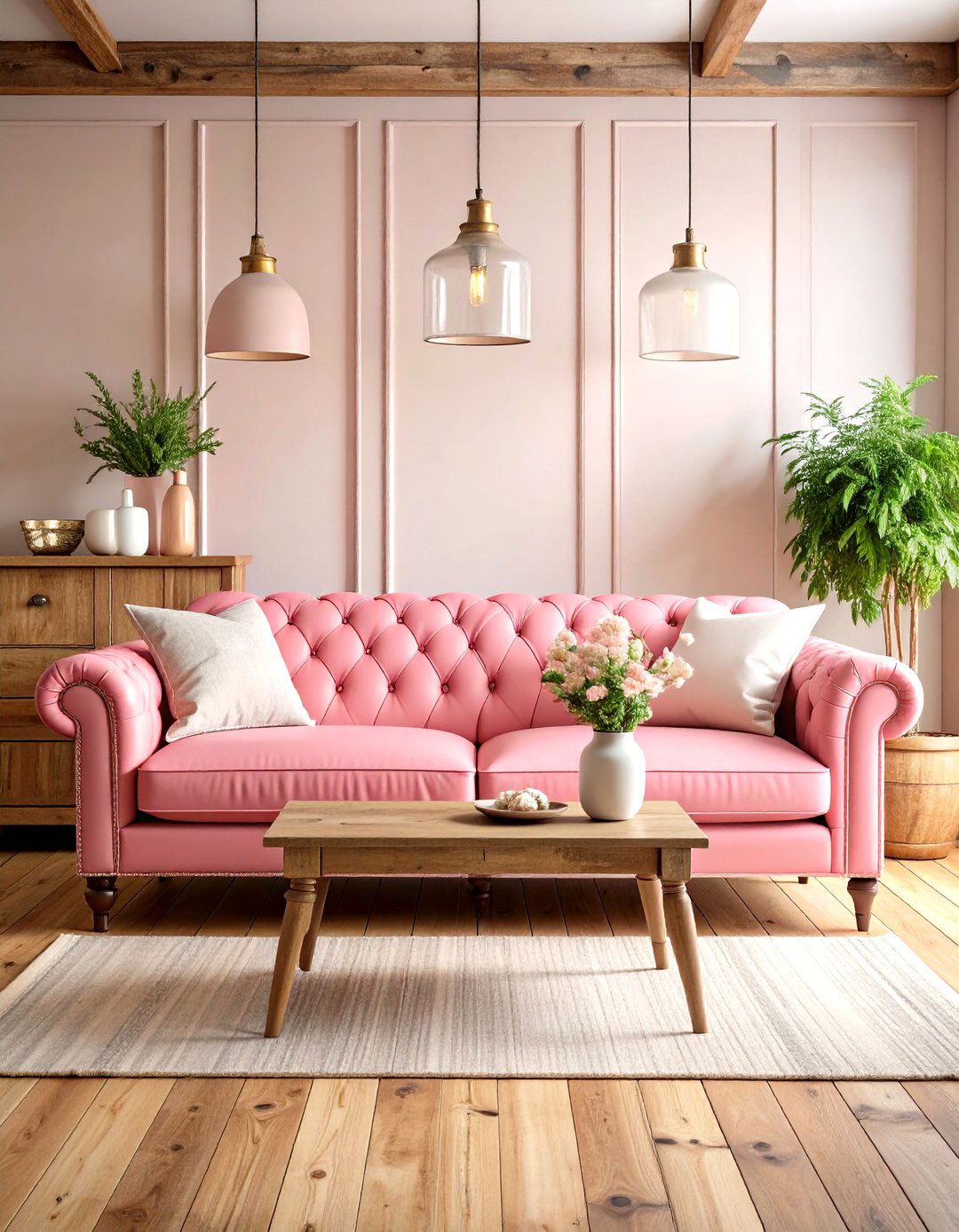 Vintage Pink Leather Sofa in Rustic Farmhouse - 24 Pink Couch Living Room Ideas