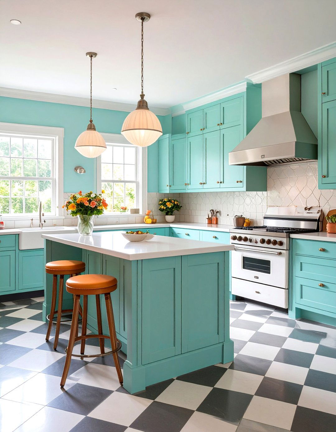Vintage Retro White Kitchen With Mint Grey Island - 24 White Kitchen Cabinets With Grey Island Ideas