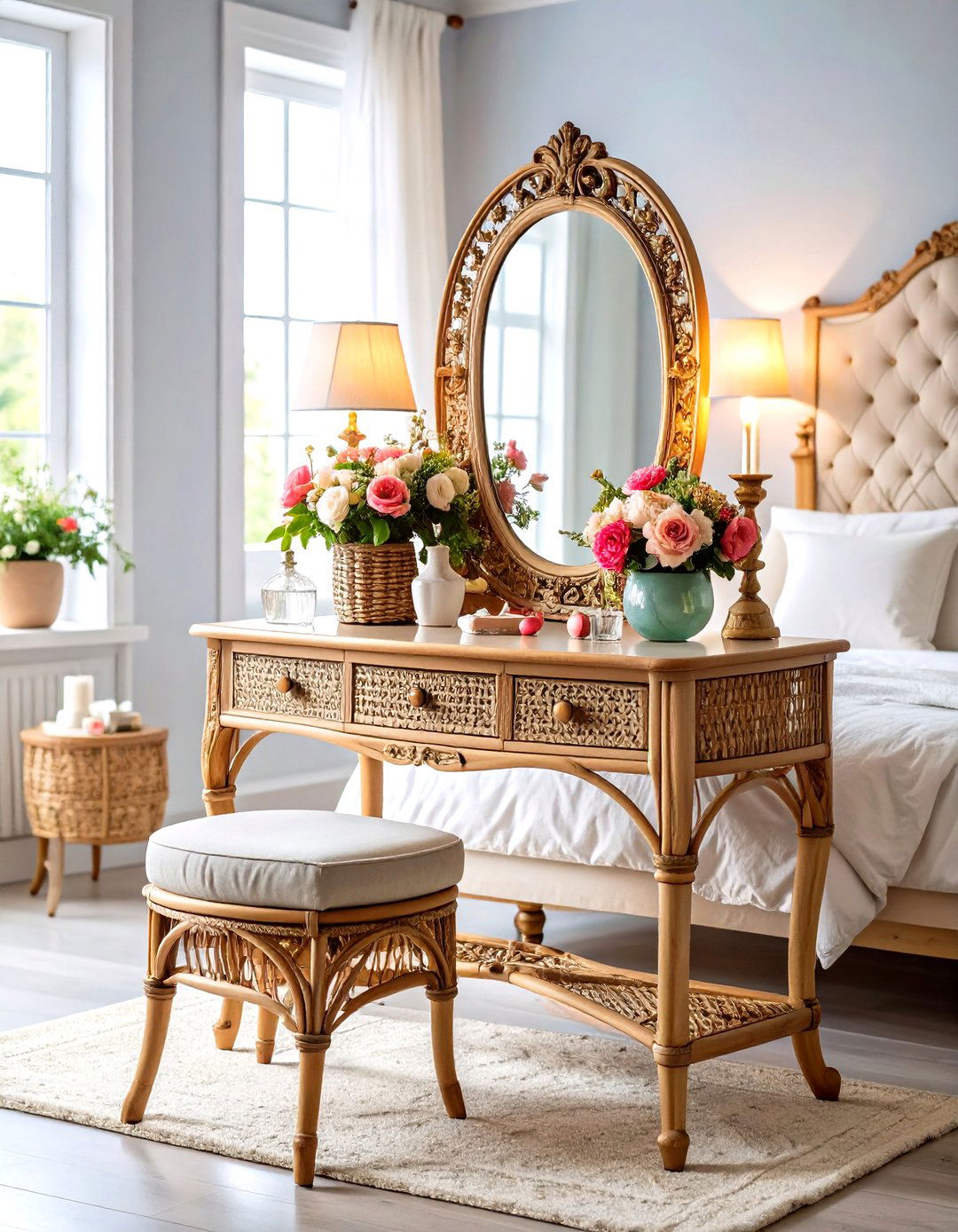 Vintage Romantic Rattan Dressing Table - 24 rattan bedroom furniture ideas