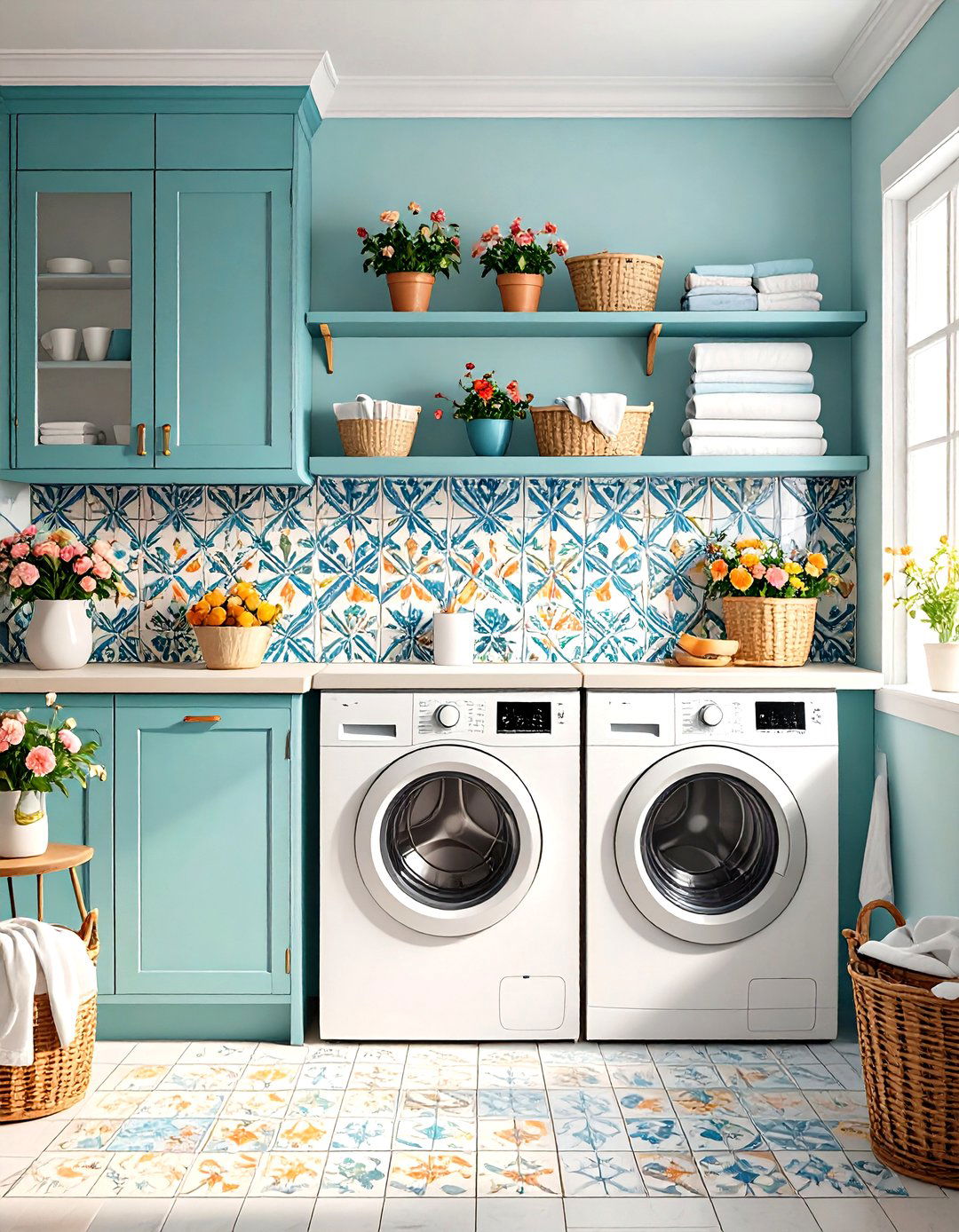 Vintage Style Encaustic Tile Backsplash - 24 Laundry Room Backsplash Ideas