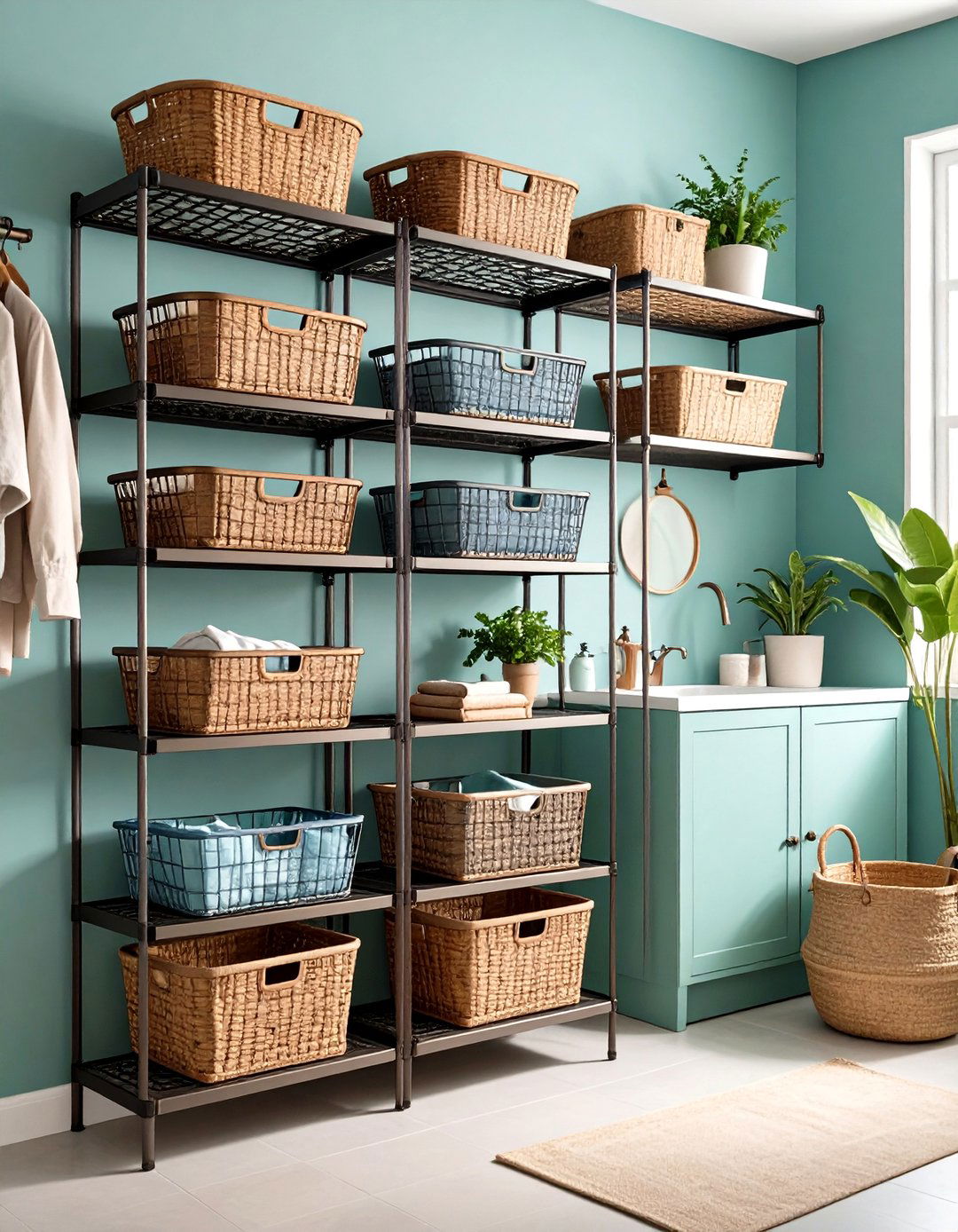 Vintage Style Metal Basket Shelving - 24 Laundry Room Shelving Ideas
