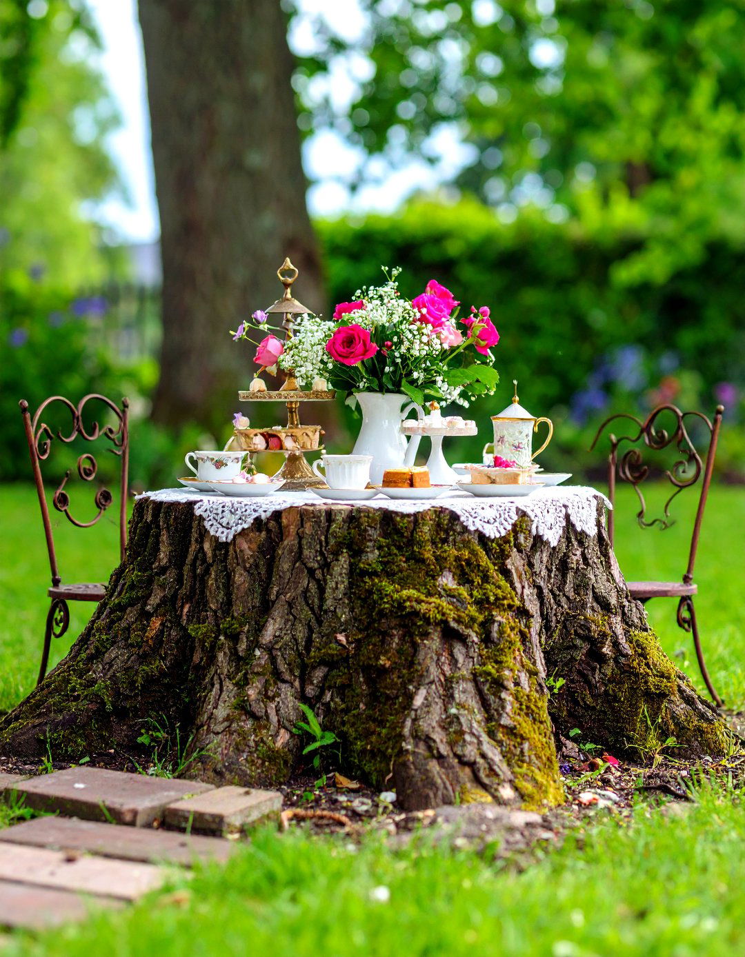 Vintage Tea Party Stump Celebration - 24 Tree Stump Fairy Garden Ideas